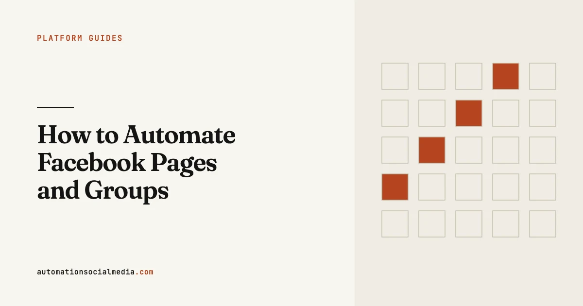Title card: "How to Automate Facebook Pages and Groups", in the Platform Guides section of automationsocialmedia.com