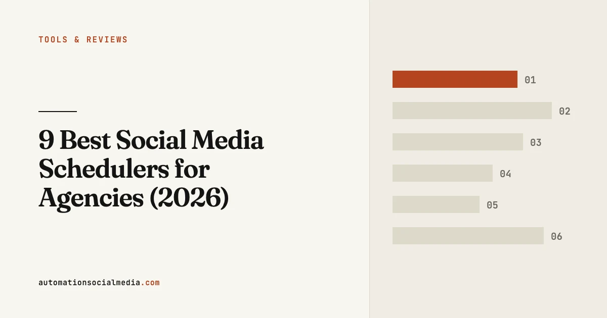 Title card: "9 Best Social Media Schedulers for Agencies (2026)", in the Tools & Reviews section of automationsocialmedia.com