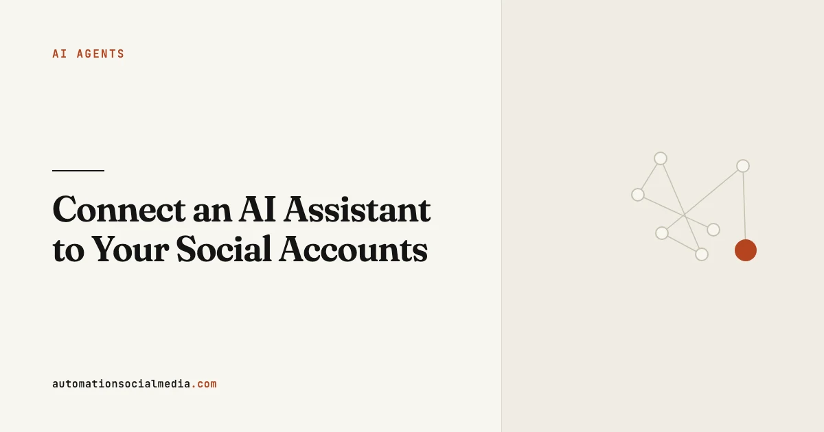 Title card: "Connect an AI Assistant to Your Social Accounts", in the AI Agents section of automationsocialmedia.com