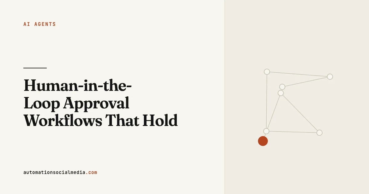 Title card: "Human-in-the-Loop Approval Workflows That Hold", in the AI Agents section of automationsocialmedia.com