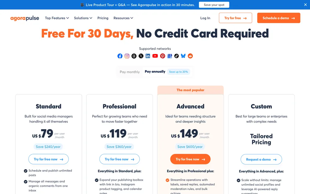 Agorapulse's pricing page, captured October 2026