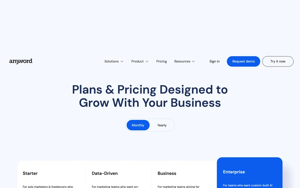 Anyword's pricing page, captured October 2026