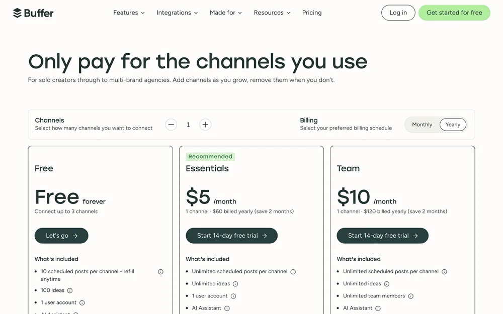 Buffer's pricing page, captured October 2026