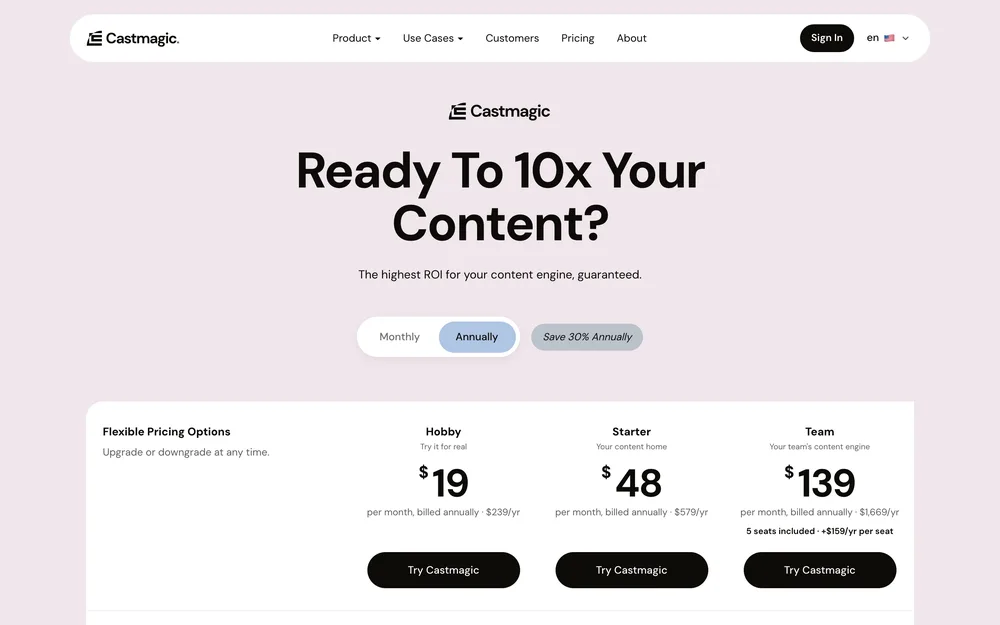 Castmagic's pricing page, captured October 2026
