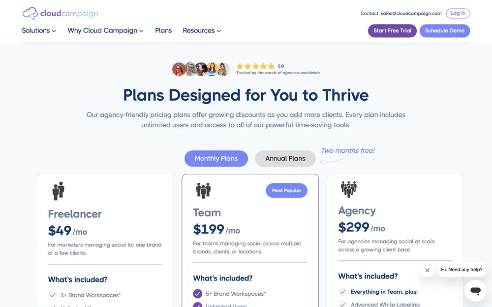 Cloud Campaign's plans page, captured October 2026