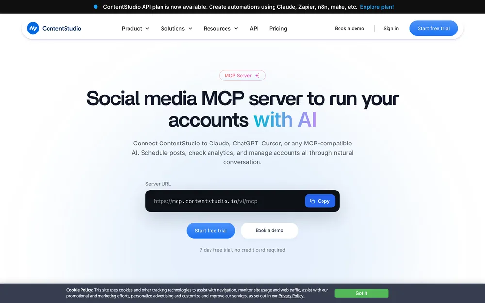 ContentStudio's MCP server page, captured October 2026