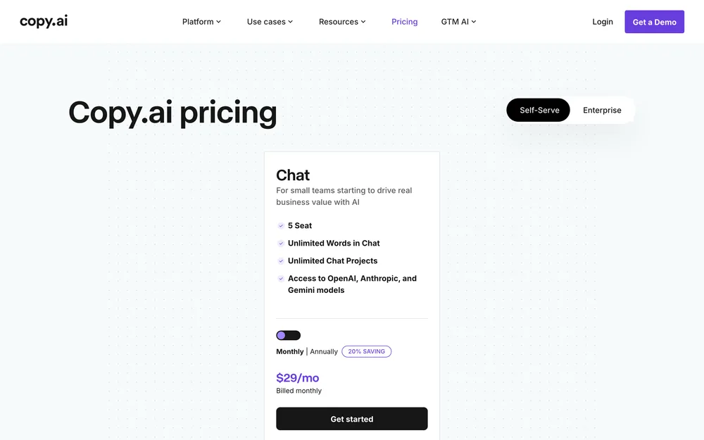Copy.ai's pricing page, captured October 2026