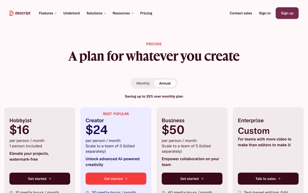 Descript's pricing page, captured October 2026
