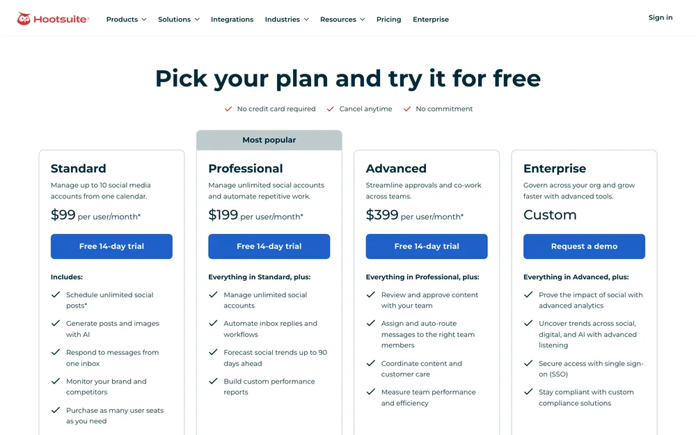 Hootsuite's plans page, captured October 2026