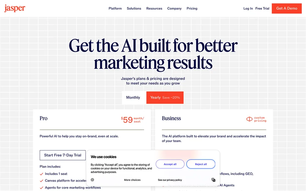 Jasper's pricing page, captured October 2026