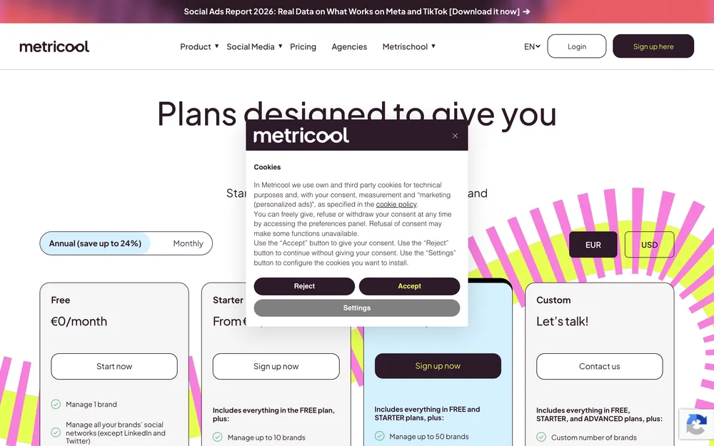 Metricool's pricing page, captured October 2026
