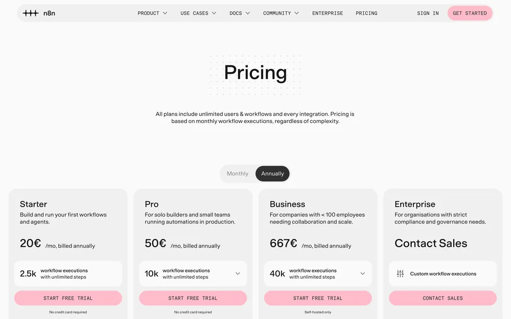 n8n's pricing page, captured October 2026