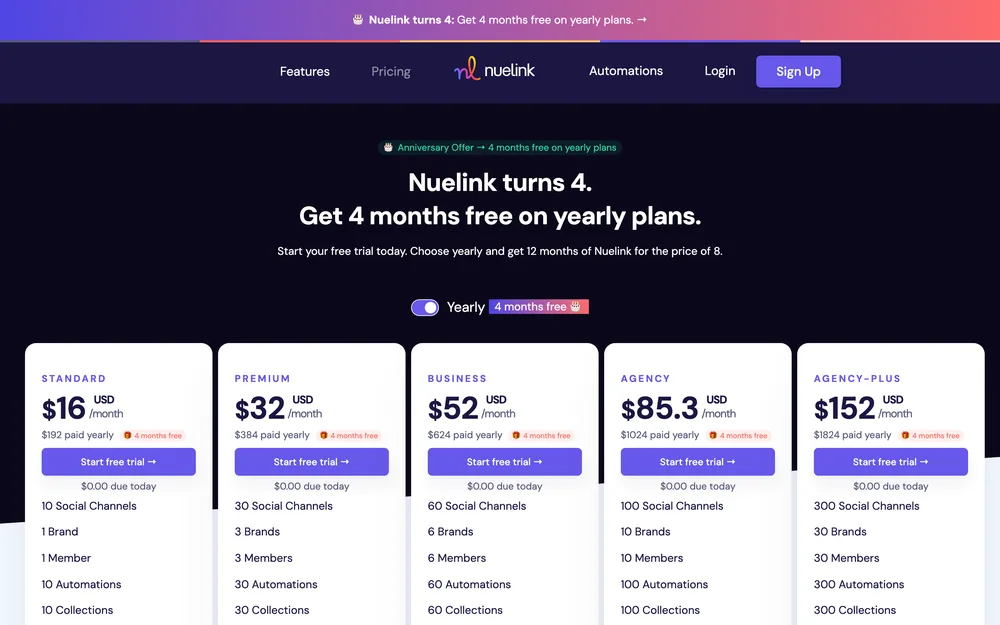 Nuelink's pricing page, captured October 2026