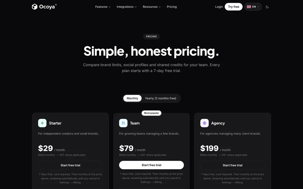Ocoya's pricing page, captured October 2026