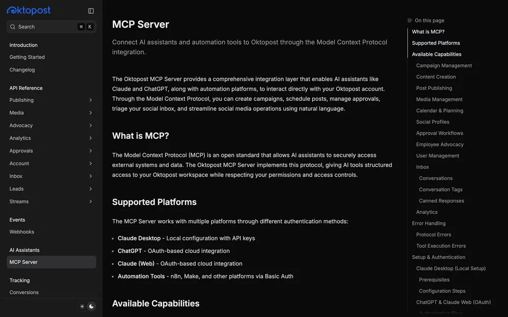 Oktopost's MCP documentation, captured October 2026