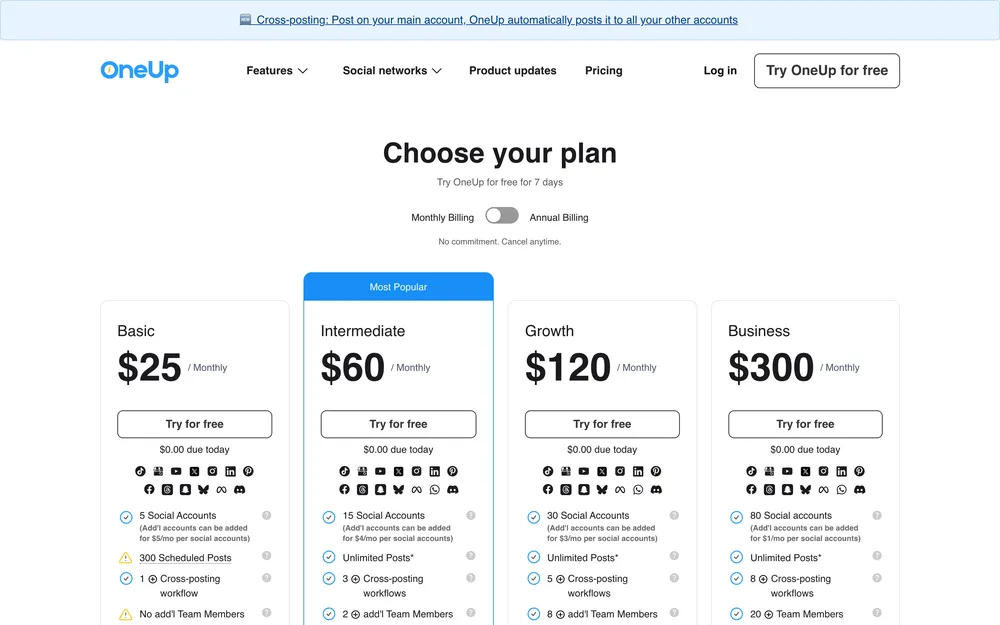 OneUp's pricing page, captured October 2026