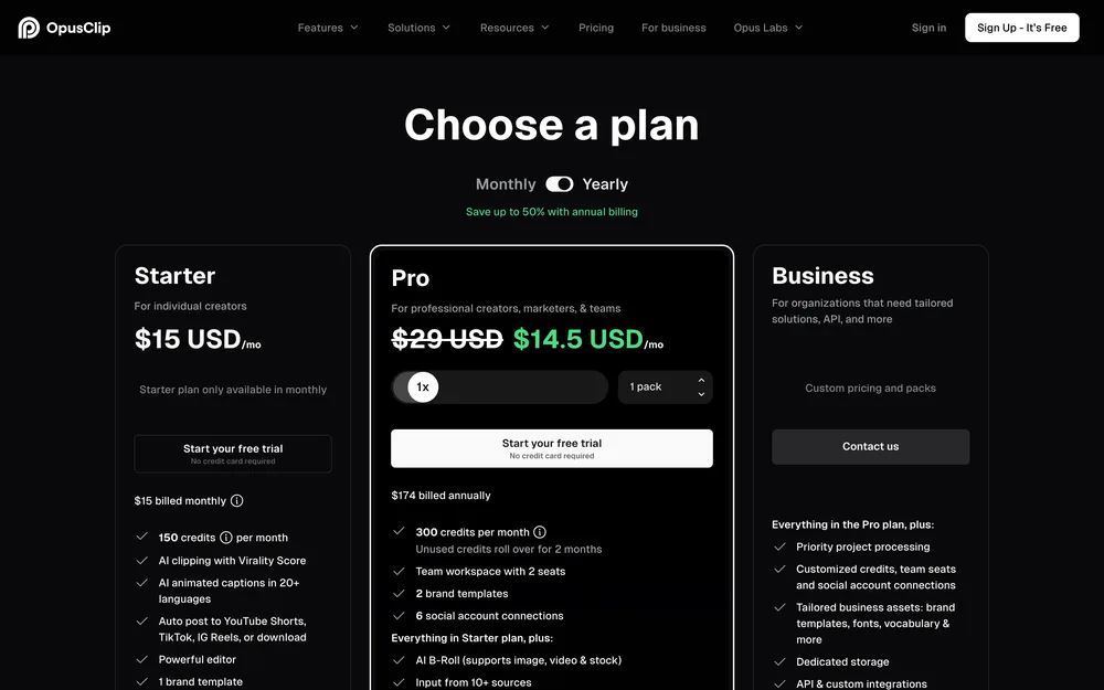 OpusClip's pricing page, captured October 2026