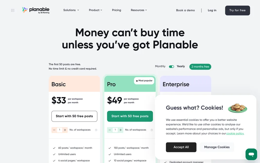 Planable's pricing page, captured October 2026