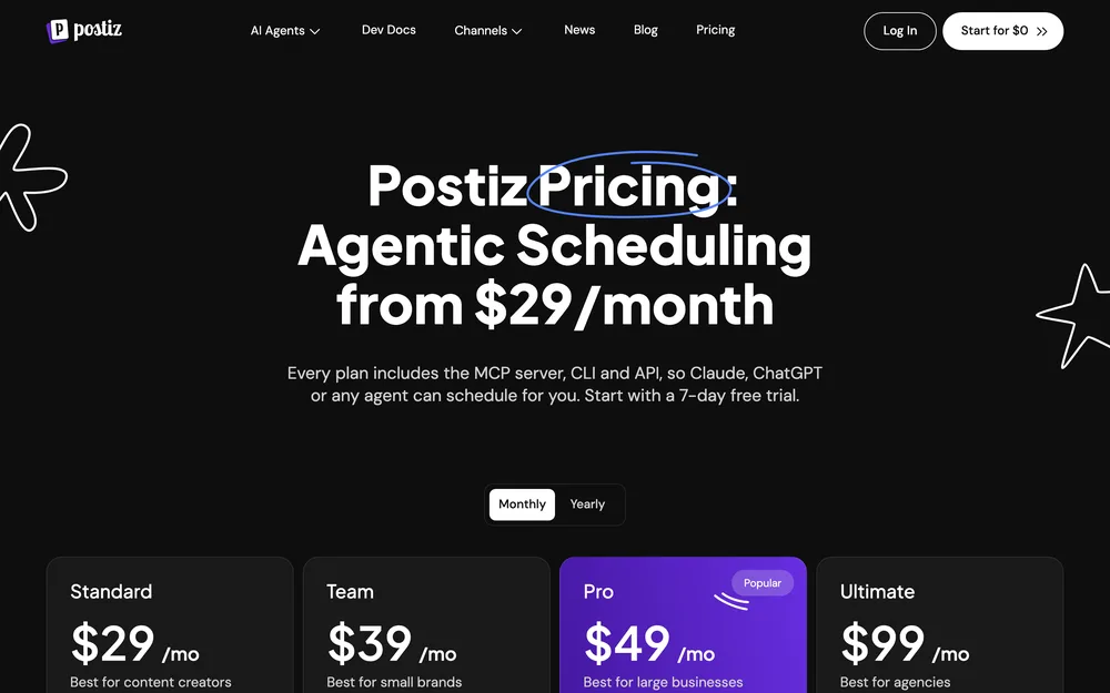 Postiz's pricing page, captured October 2026