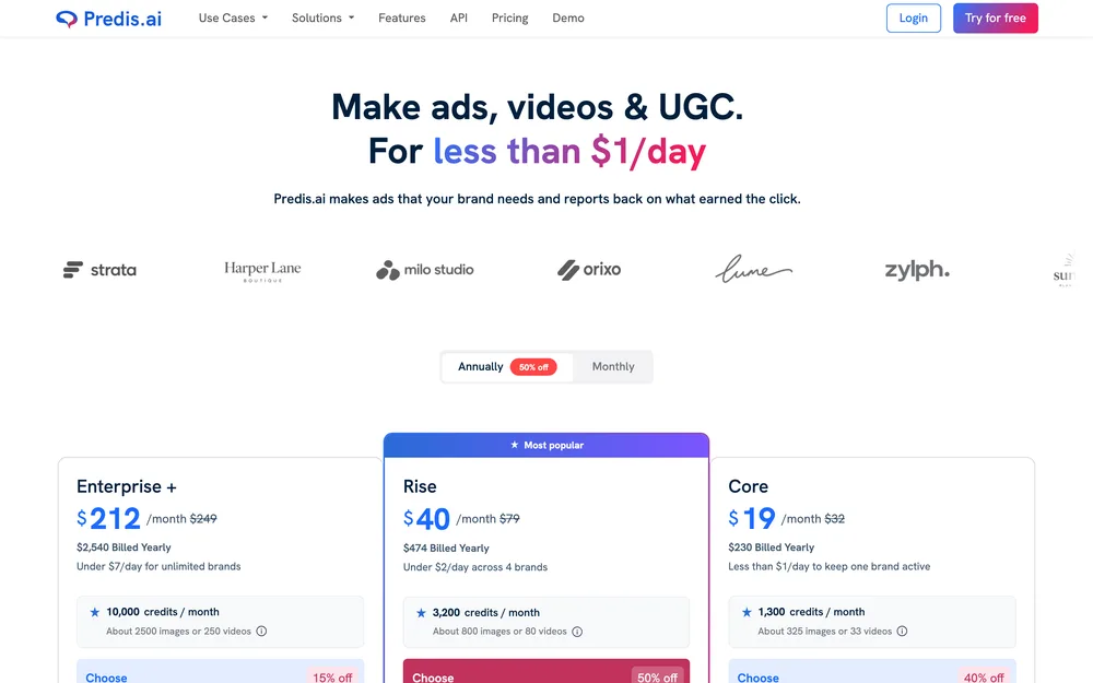 Predis.ai's pricing page, captured October 2026