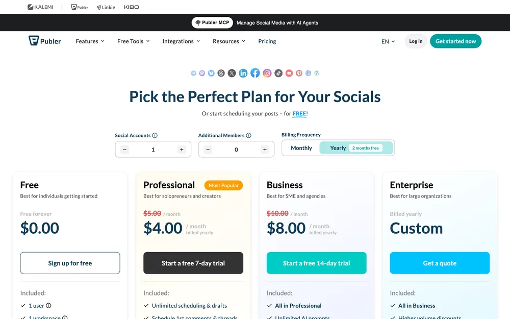 Publer's plans page, captured October 2026
