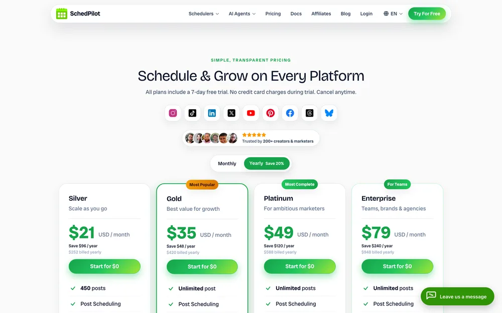 SchedPilot's pricing page, captured October 2026