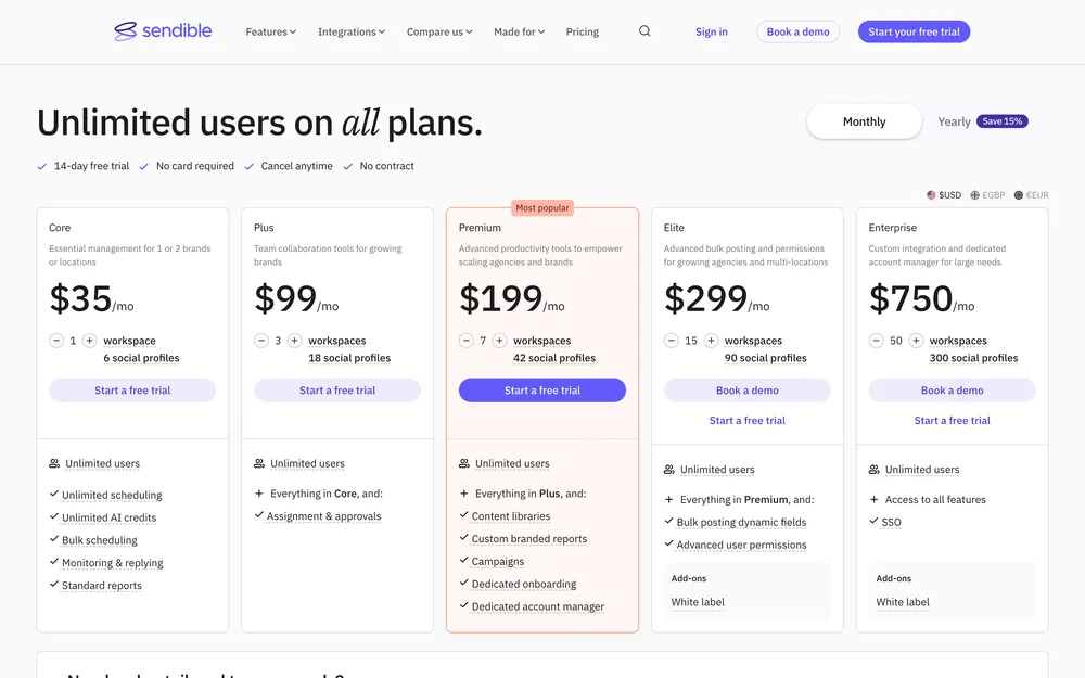 Sendible's pricing page, captured October 2026