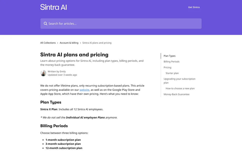 Sintra's help-centre pricing article, captured October 2026