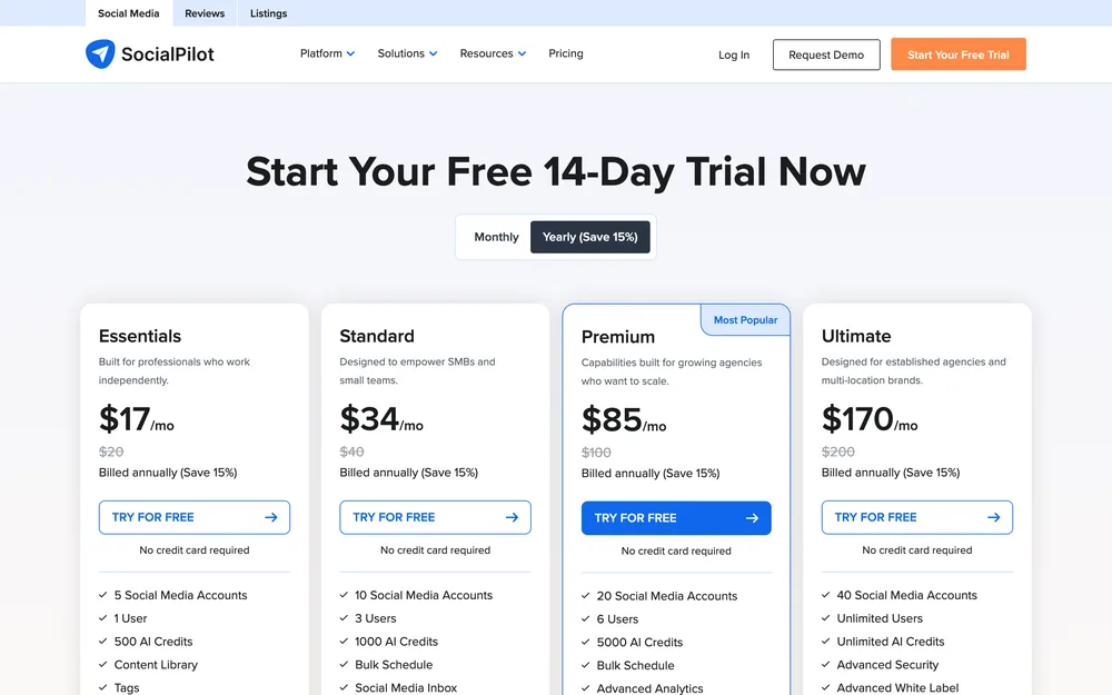SocialPilot's pricing page, captured October 2026