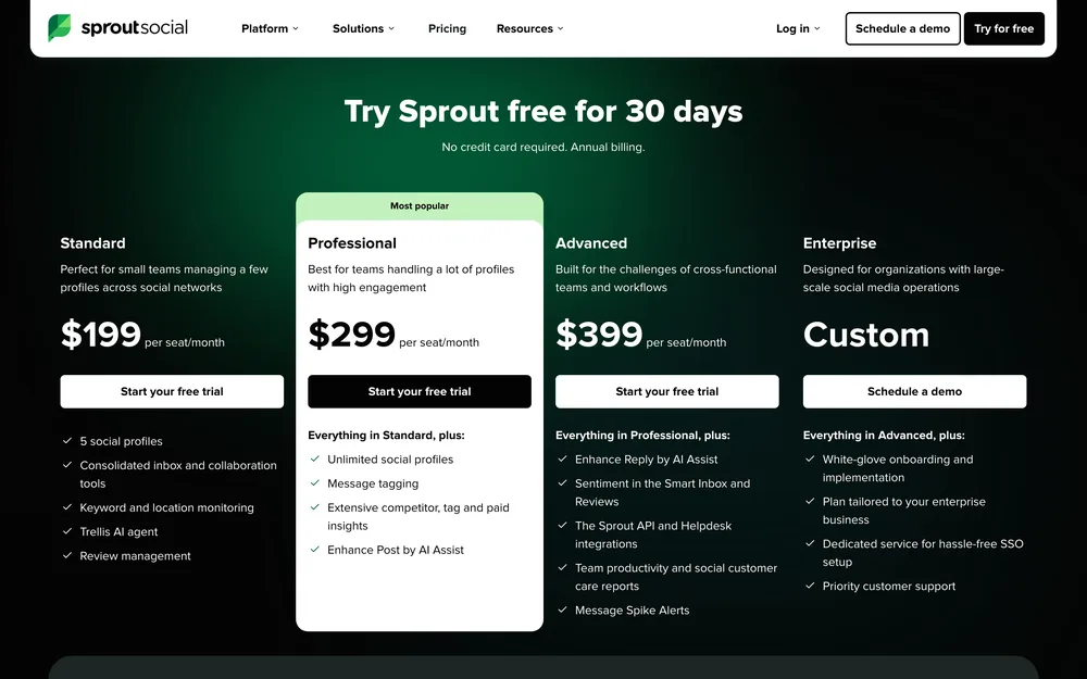 Sprout Social's pricing page, captured October 2026