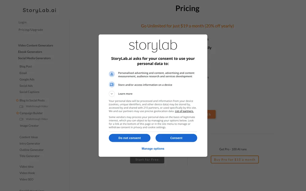 StoryLab.ai's pricing page, captured October 2026