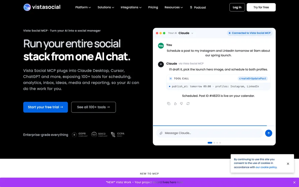 Vista Social's MCP server page, captured October 2026