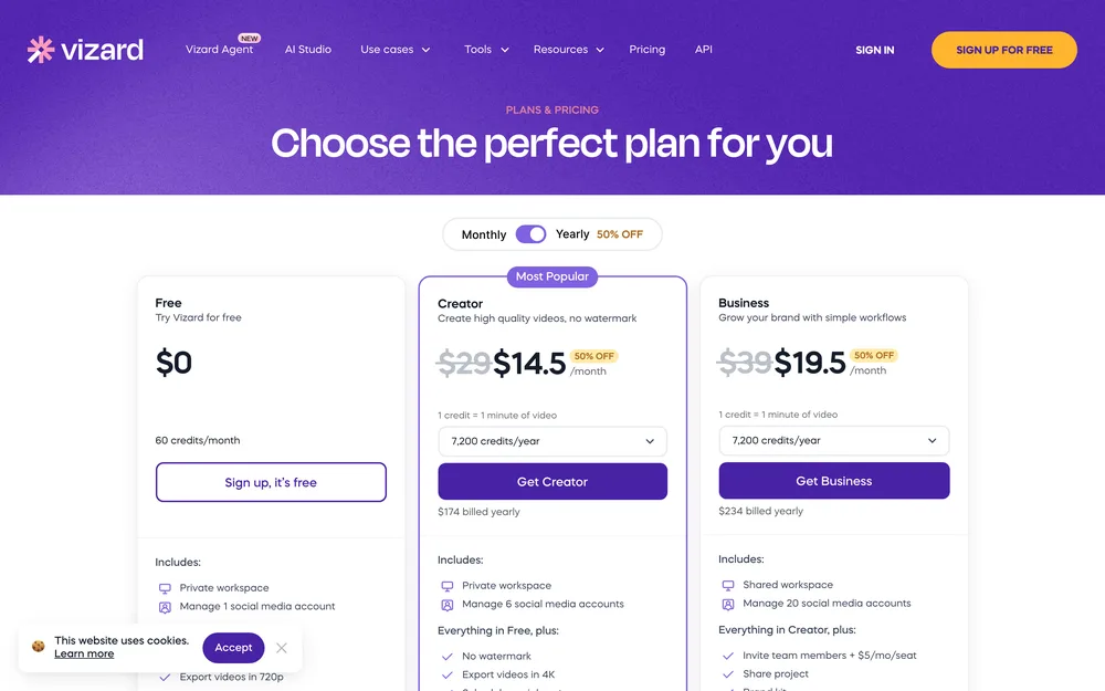 Vizard's pricing page, captured October 2026